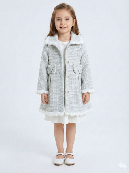 Kız Çocuk Kurdele Detaylı Parlak Kumaşlı 2'li Elbise ve Kaban Takmı 1-6 Yaş 4417 Mavi - Lanova Kids