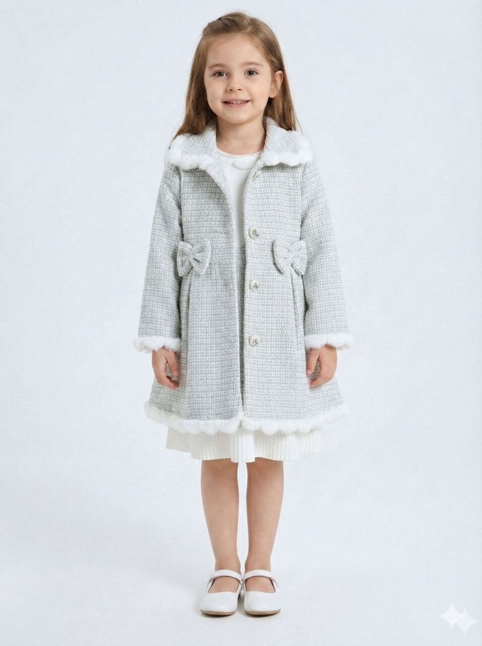 Kız Çocuk Kurdele Detaylı Parlak Kumaşlı 2'li Elbise ve Kaban Takmı 1-6 Yaş 4417 Mavi - 1