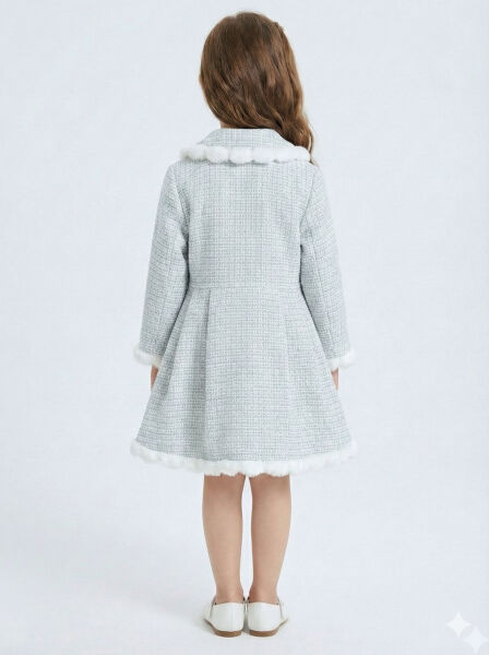 Kız Çocuk Kurdele Detaylı Parlak Kumaşlı 2'li Elbise ve Kaban Takmı 1-6 Yaş 4417 Mavi - 2