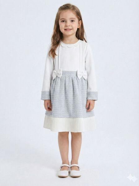 Kız Çocuk Kurdele Detaylı Parlak Kumaşlı 2'li Elbise ve Kaban Takmı 1-6 Yaş 4417 Mavi - 3