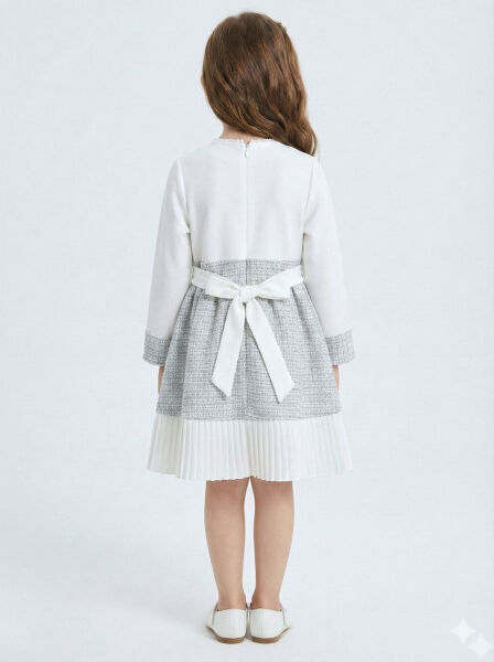 Kız Çocuk Kurdele Detaylı Parlak Kumaşlı 2'li Elbise ve Kaban Takmı 1-6 Yaş 4417 Mavi - 4