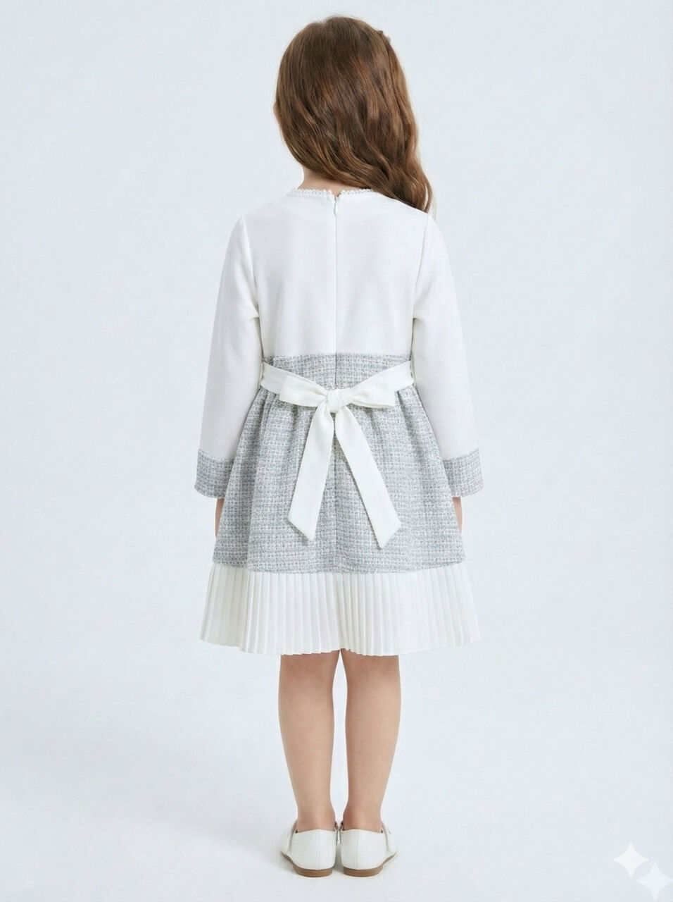 Kız Çocuk Kurdele Detaylı Parlak Kumaşlı 2'li Elbise ve Kaban Takmı 1-6 Yaş 4417 Mavi - 4