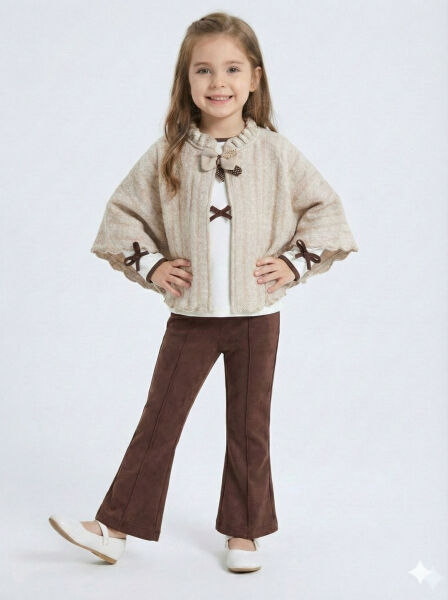 Pelerin Detaylı Kız Çocuk 3'lü Alt Üst Takım 4-10 Yaş 4406 Ekru - Kahverengi - Lanova Kids