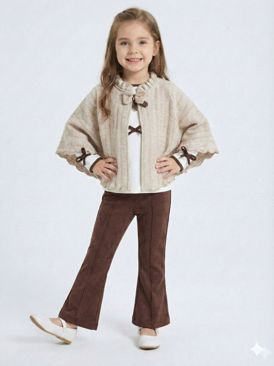 Pelerin Detaylı Kız Çocuk 3'lü Alt Üst Takım 4-10 Yaş 4406 Ekru - Kahverengi - 1