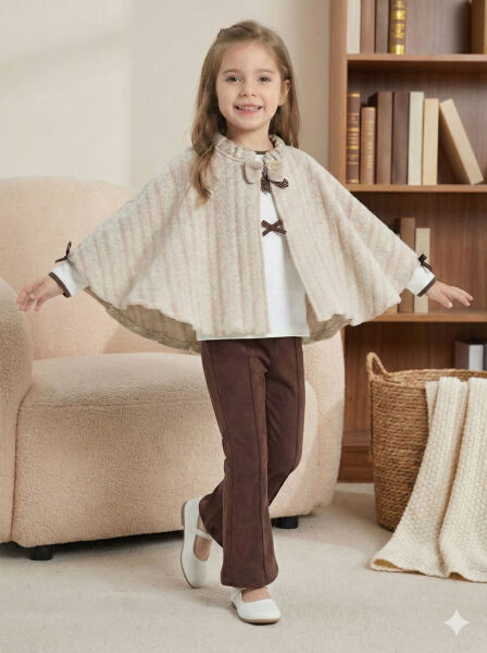 Pelerin Detaylı Kız Çocuk 3'lü Alt Üst Takım 4-10 Yaş 4406 Ekru - Kahverengi - 3