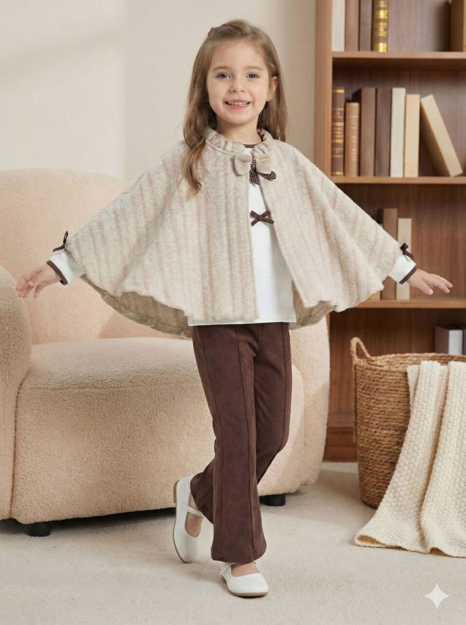 Pelerin Detaylı Kız Çocuk 3'lü Alt Üst Takım 4-10 Yaş 4406 Ekru - Kahverengi - 3