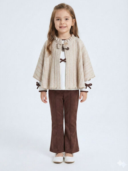 Pelerin Detaylı Kız Çocuk 3'lü Alt Üst Takım 4-10 Yaş 4406 Ekru - Kahverengi - 4
