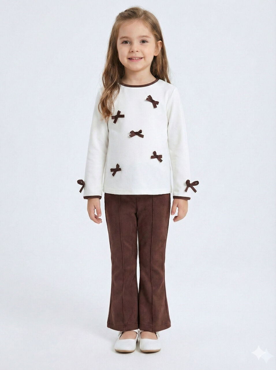 Pelerin Detaylı Kız Çocuk 3'lü Alt Üst Takım 4-10 Yaş 4406 Ekru - Kahverengi - 6