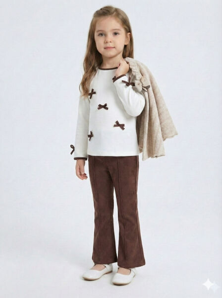 Pelerin Detaylı Kız Çocuk 3'lü Alt Üst Takım 4-10 Yaş 4406 Ekru - Kahverengi - 8