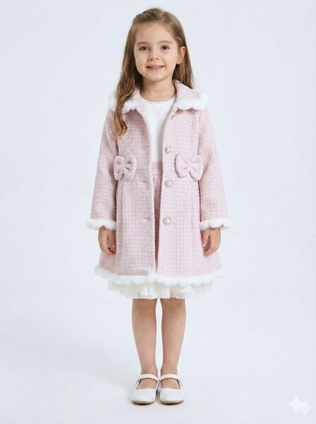 Kız Çocuk Kurdele Detaylı Parlak Kumaşlı 2'li Elbise ve Kaban Takmı 1-6 Yaş 4417 Pembe - Lanova Kids