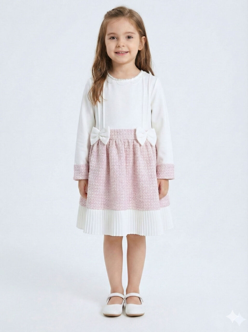 Kız Çocuk Kurdele Detaylı Parlak Kumaşlı 2'li Elbise ve Kaban Takmı 1-6 Yaş 4417 Pembe - 3