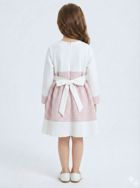 Kız Çocuk Kurdele Detaylı Parlak Kumaşlı 2'li Elbise ve Kaban Takmı 1-6 Yaş 4417 Pembe - 4