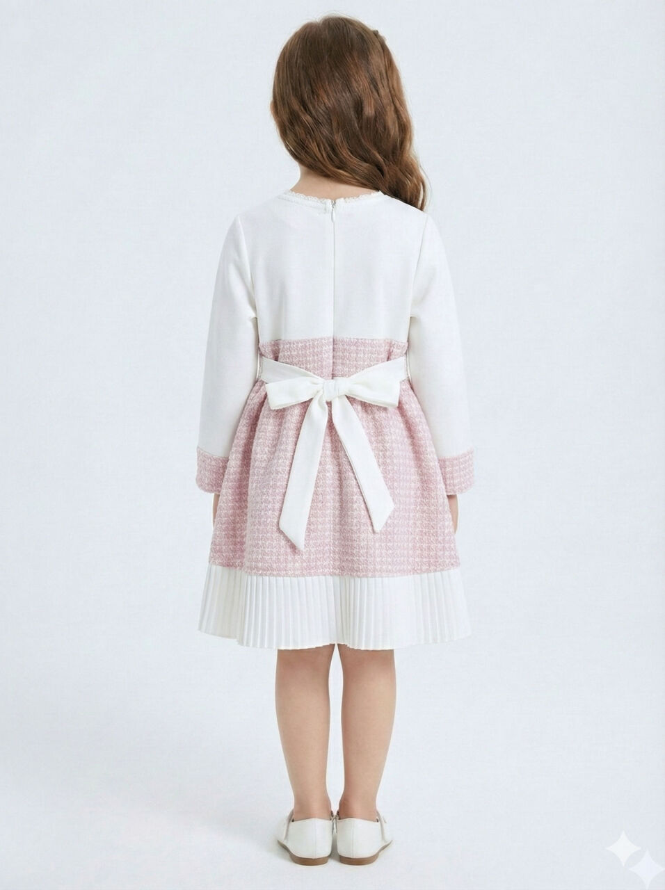 Kız Çocuk Kurdele Detaylı Parlak Kumaşlı 2'li Elbise ve Kaban Takmı 1-6 Yaş 4417 Pembe - 4