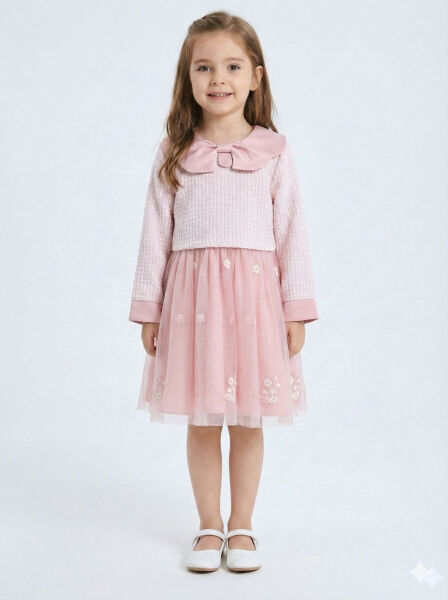 Bebe Yakalı Çiçek İşlemeli Tüllü Fiyonklu Kız Çocuk Elbise 3-8 Yaş 4423 Pembe - Lanova Kids