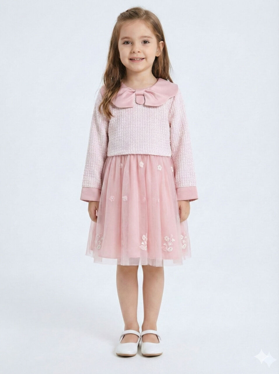 Bebe Yakalı Çiçek İşlemeli Tüllü Fiyonklu Kız Çocuk Elbise 3-8 Yaş 4423 Pembe - 1