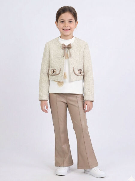 Kız Çocuk Tüvit Ceket ve Deri Pantolon 3'lü Takım 4-14 Yaş 4409 Bej - Kahverengi - Lanova Kids