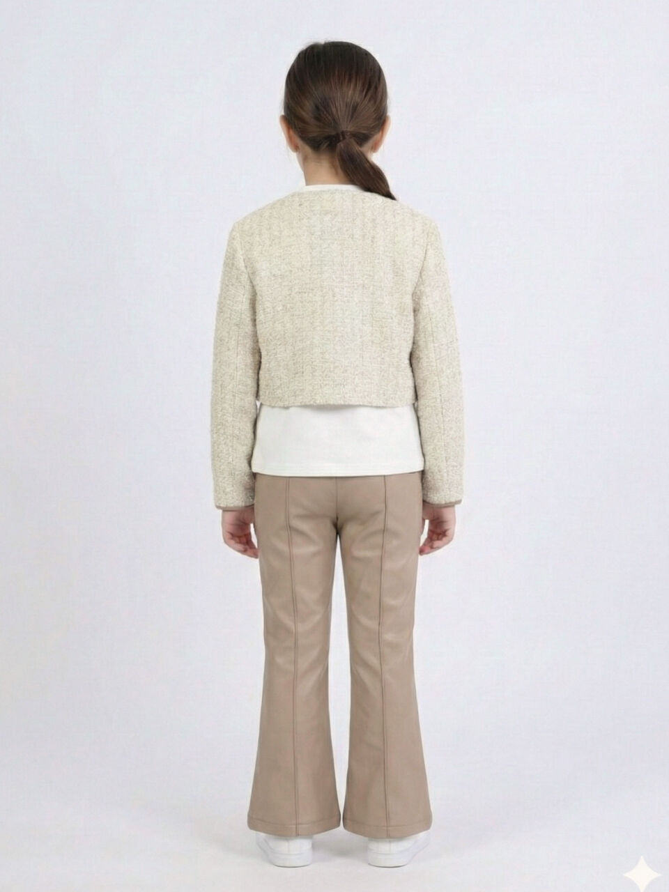 Kız Çocuk Tüvit Ceket ve Deri Pantolon 3'lü Takım 4-14 Yaş 4409 Bej - Kahverengi - 3