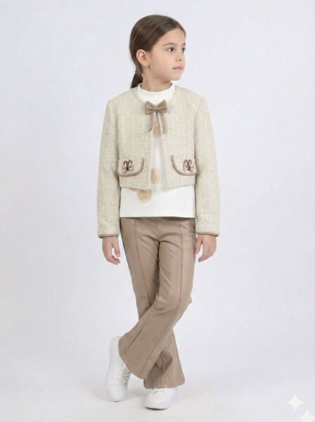 Kız Çocuk Tüvit Ceket ve Deri Pantolon 3'lü Takım 4-14 Yaş 4409 Bej - Kahverengi - 4