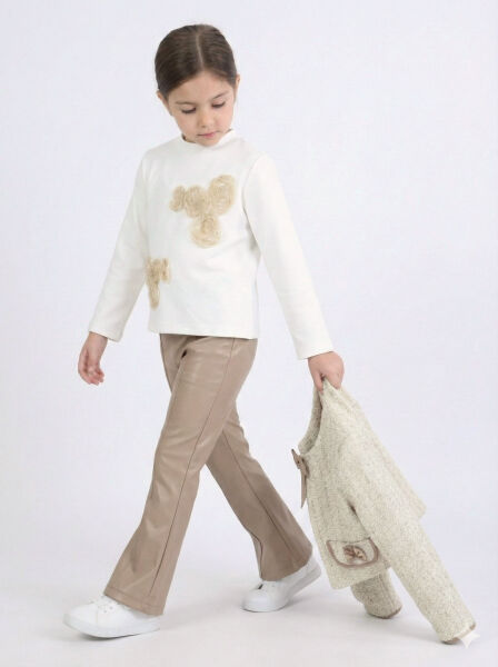 Kız Çocuk Tüvit Ceket ve Deri Pantolon 3'lü Takım 4-14 Yaş 4409 Bej - Kahverengi - 5