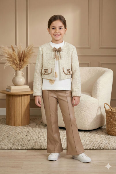 Kız Çocuk Tüvit Ceket ve Deri Pantolon 3'lü Takım 4-14 Yaş 4409 Bej - Kahverengi - 6