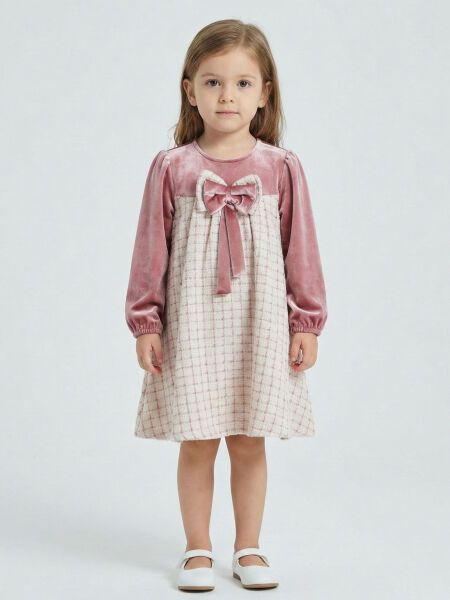 Kız Çocuk Fiyonk Detaylı Kadife ve Ekoseli Kız Çocuk Elbise 3-7 Yaş 4414 Gül Kurusu - Lanova Kids
