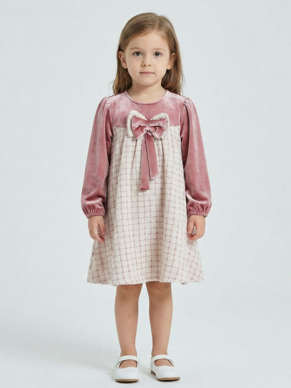 Kız Çocuk Fiyonk Detaylı Kadife ve Ekoseli Kız Çocuk Elbise 3-7 Yaş 4414 Gül Kurusu - 1
