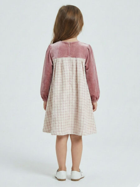 Kız Çocuk Fiyonk Detaylı Kadife ve Ekoseli Kız Çocuk Elbise 3-7 Yaş 4414 Gül Kurusu - 2