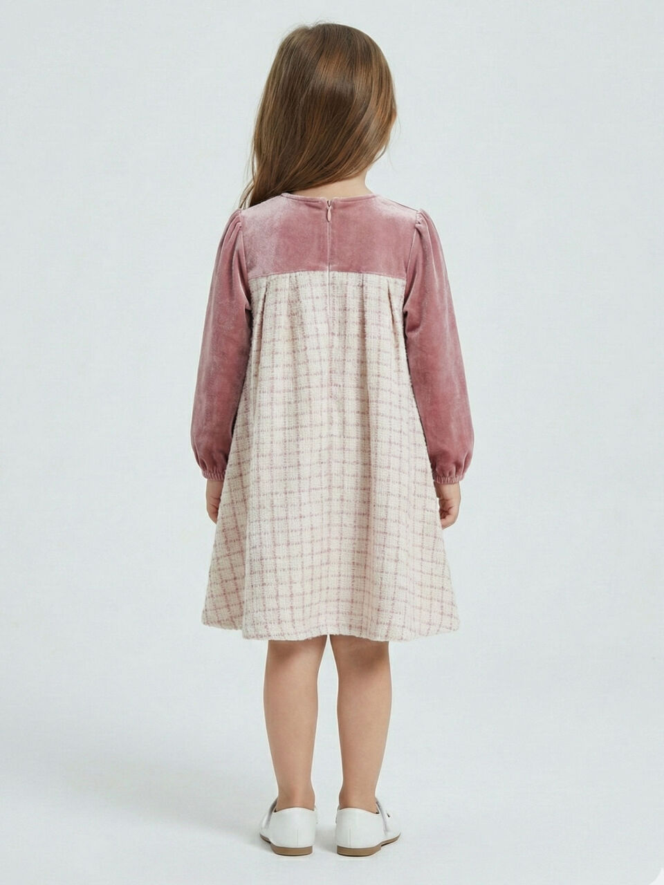 Kız Çocuk Fiyonk Detaylı Kadife ve Ekoseli Kız Çocuk Elbise 3-7 Yaş 4414 Gül Kurusu - 2