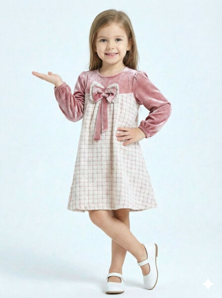 Kız Çocuk Fiyonk Detaylı Kadife ve Ekoseli Kız Çocuk Elbise 3-7 Yaş 4414 Gül Kurusu - 3
