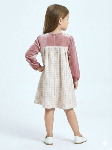 Kız Çocuk Fiyonk Detaylı Kadife ve Ekoseli Kız Çocuk Elbise 3-7 Yaş 4414 Gül Kurusu - 4