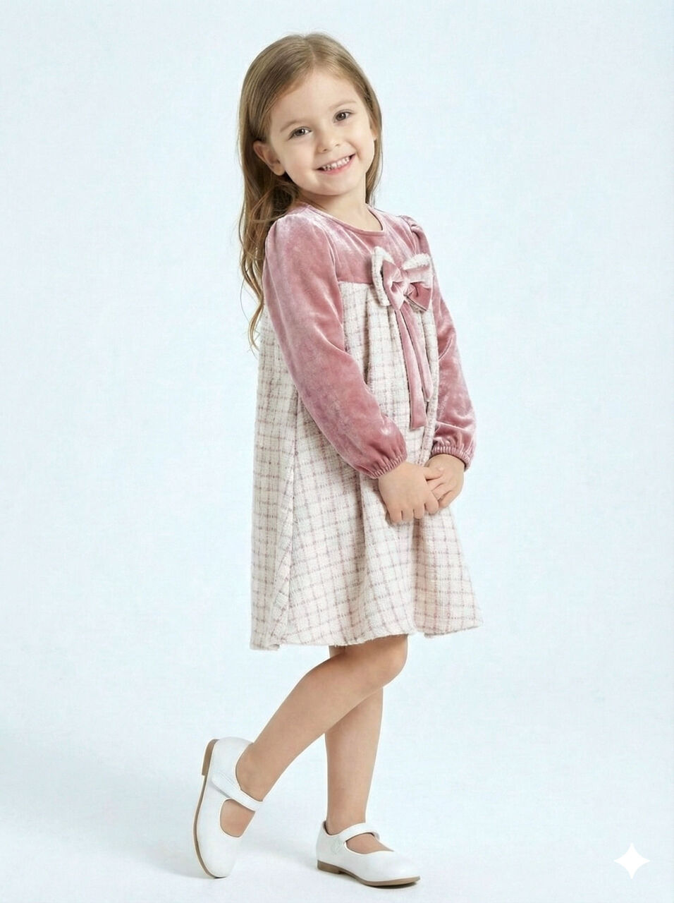 Kız Çocuk Fiyonk Detaylı Kadife ve Ekoseli Kız Çocuk Elbise 3-7 Yaş 4414 Gül Kurusu - 5