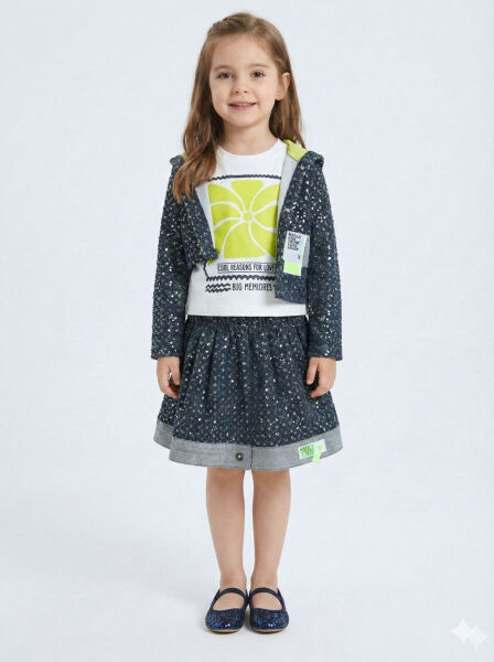 Simli Kumaş Kapüşonlu 3'lü Kız Çocuk Etek Takımı 3-7 Yaş 4416 Lacvivert - Yeşil - Lanova Kids