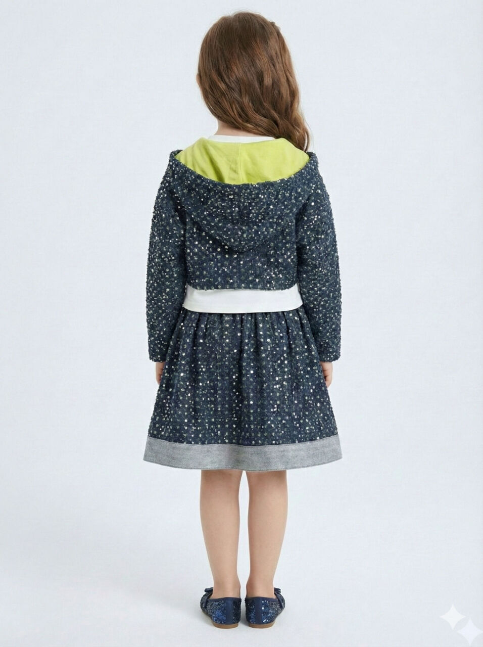 Simli Kumaş Kapüşonlu 3'lü Kız Çocuk Etek Takımı 3-7 Yaş 4416 Lacvivert - Yeşil - 3
