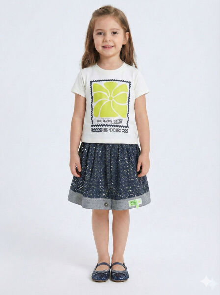 Simli Kumaş Kapüşonlu 3'lü Kız Çocuk Etek Takımı 3-7 Yaş 4416 Lacvivert - Yeşil - 4