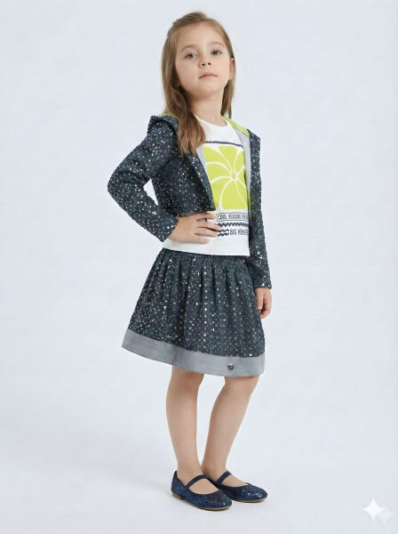 Simli Kumaş Kapüşonlu 3'lü Kız Çocuk Etek Takımı 3-7 Yaş 4416 Lacvivert - Yeşil - 6