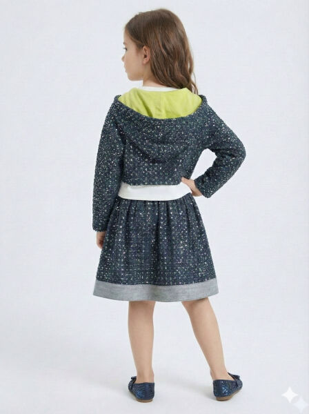 Simli Kumaş Kapüşonlu 3'lü Kız Çocuk Etek Takımı 3-7 Yaş 4416 Lacvivert - Yeşil - 7