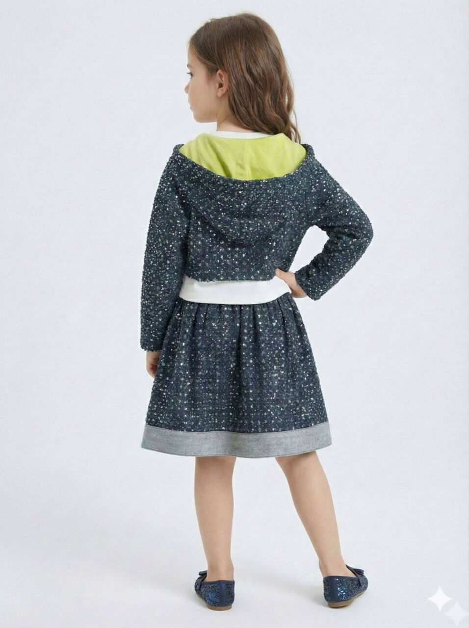 Simli Kumaş Kapüşonlu 3'lü Kız Çocuk Etek Takımı 3-7 Yaş 4416 Lacvivert - Yeşil - 7