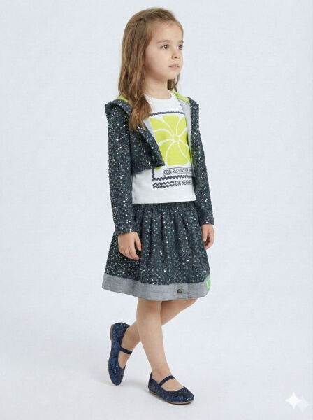 Simli Kumaş Kapüşonlu 3'lü Kız Çocuk Etek Takımı 3-7 Yaş 4416 Lacvivert - Yeşil - 9