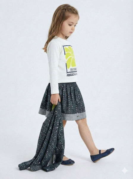 Simli Kumaş Kapüşonlu 3'lü Kız Çocuk Etek Takımı 3-7 Yaş 4416 Lacvivert - Yeşil - 10