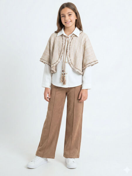 Kız Çocuk Alt Üst Takım 8-14 Yaş 4430 Ekru - Kahverengi - Lanova Kids