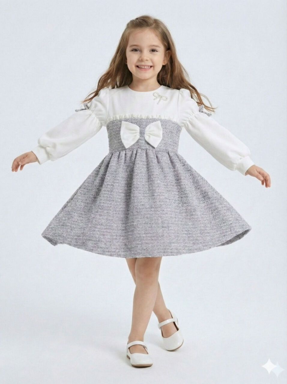 Kurdele Detaylı Kız Çocuk Elbise 4-10 Yaş 4407 Beyaz - Mor - 1
