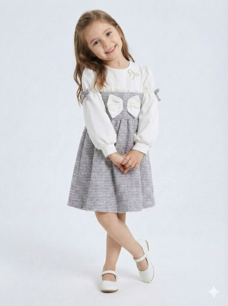 Kurdele Detaylı Kız Çocuk Elbise 4-10 Yaş 4407 Beyaz - Mor - 2