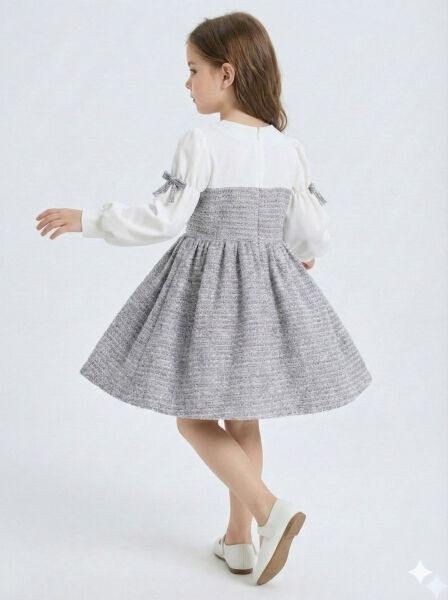 Kurdele Detaylı Kız Çocuk Elbise 4-10 Yaş 4407 Beyaz - Mor - 3