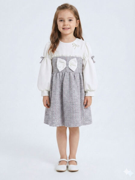 Kurdele Detaylı Kız Çocuk Elbise 4-10 Yaş 4407 Beyaz - Mor - 4