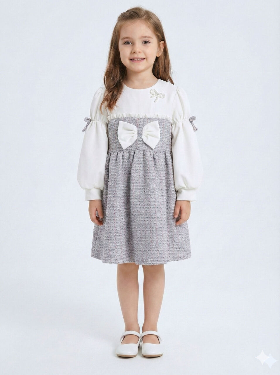 Kurdele Detaylı Kız Çocuk Elbise 4-10 Yaş 4407 Beyaz - Mor - 4