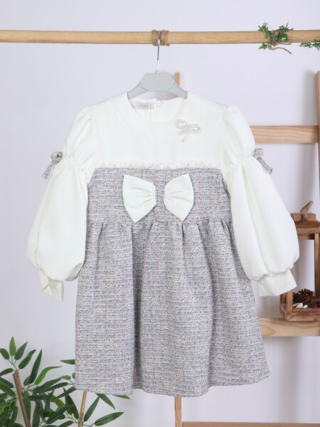 Kurdele Detaylı Kız Çocuk Elbise 4-10 Yaş 4407 Beyaz - Mor - 5