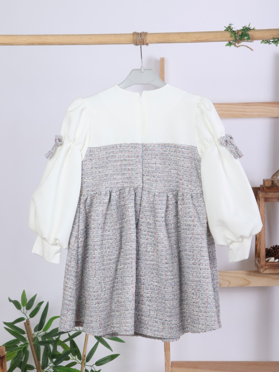 Kurdele Detaylı Kız Çocuk Elbise 4-10 Yaş 4407 Beyaz - Mor - 6