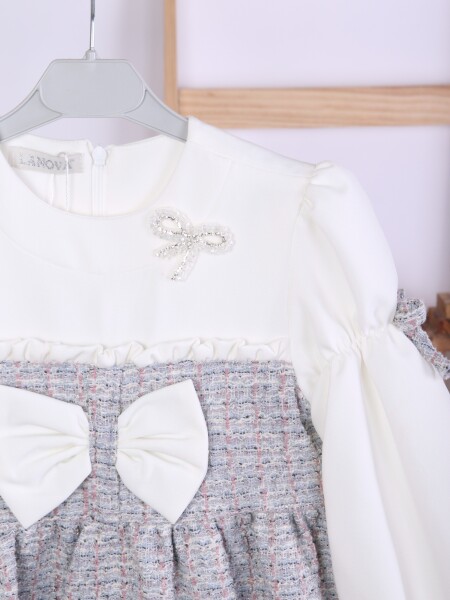 Kurdele Detaylı Kız Çocuk Elbise 4-10 Yaş 4407 Beyaz - Mor - 7