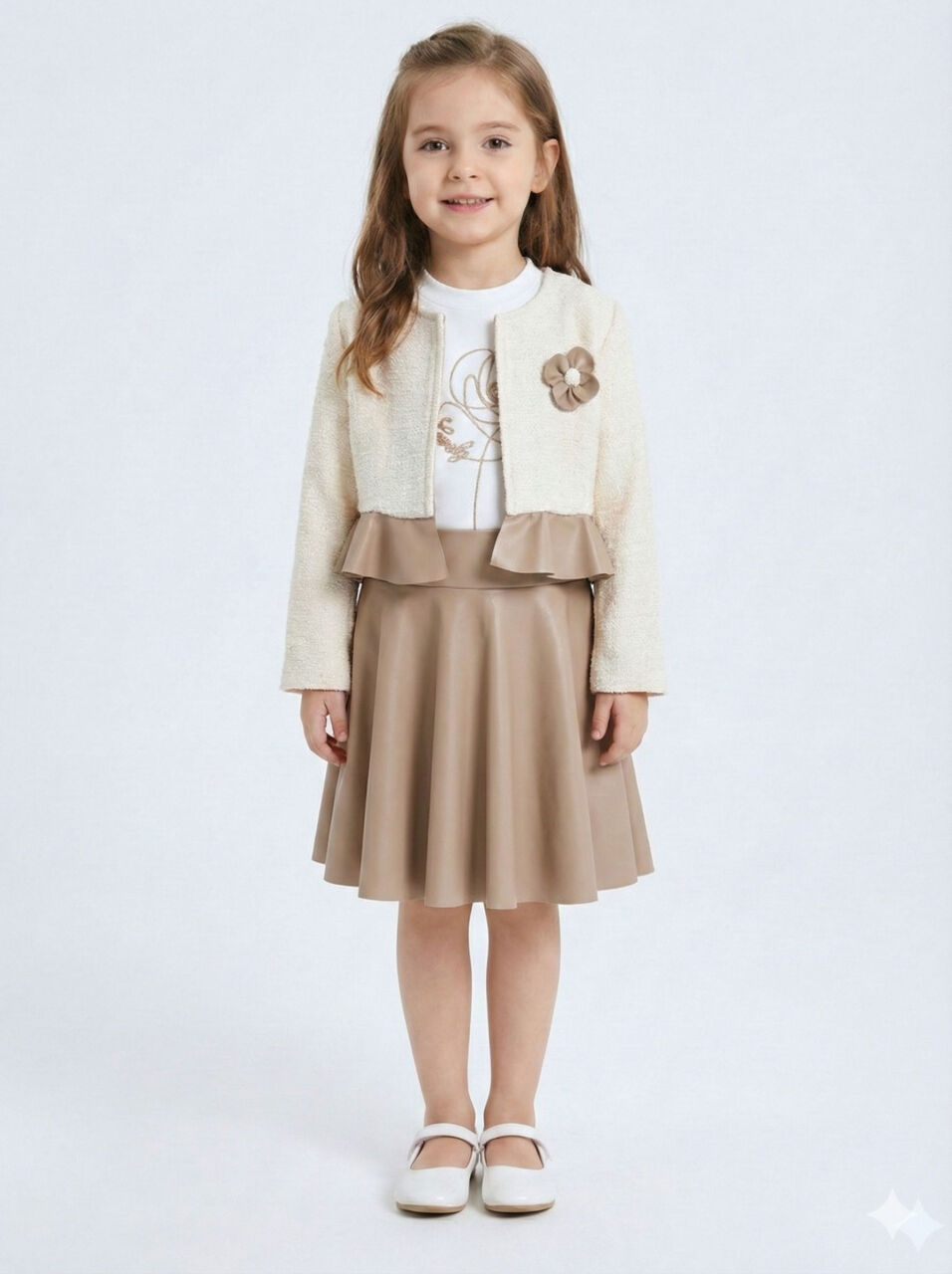 Çiçek Detaylı Tüvit Ceketli Deri Etekli Kız Çocuk 3'lü Takım 4-10 Yaş 4413 Beyaz - Kahverengi - 1