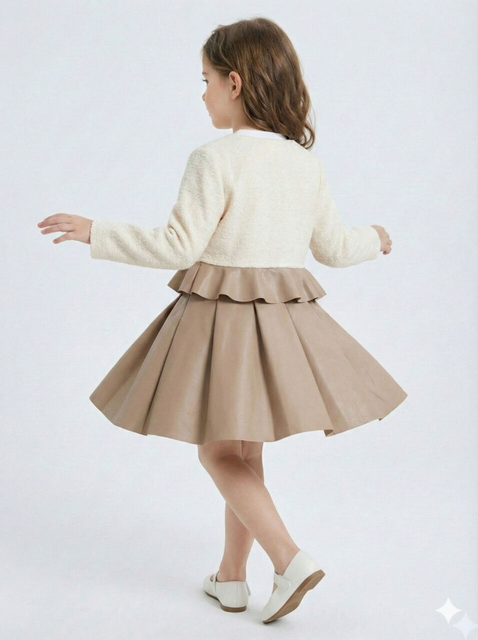 Çiçek Detaylı Tüvit Ceketli Deri Etekli Kız Çocuk 3'lü Takım 4-10 Yaş 4413 Beyaz - Kahverengi - 3